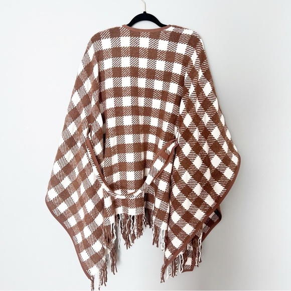 Pearl by Lela Rose Checked Wool-Blend Cape ONE Size Fringe brown belted - Picture 3 of 9